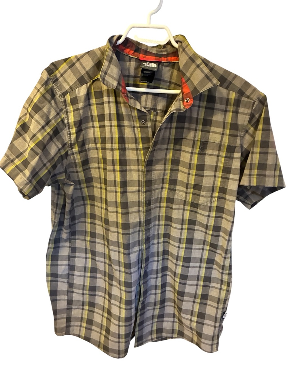 The North Face Plaid Button Down Shirt Mens L Grey Yellow Short Sleeve Hiking